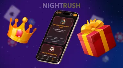 Casino mobile screen with an exclusive casino bonus offer, next to a crown and a gift box.