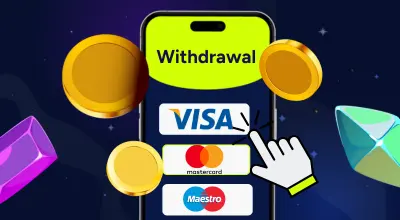 Mobile screen with Withdrawal text, featuring Visa, Mastercard, and Maestro logos, surrounded by gold coins and diamonds.