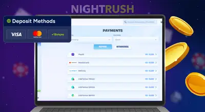 Laptop screen displaying deposit options including cards and crypto, next to gold coins.