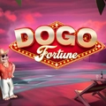 The text DOGO Fortune is displayed in a marquee style over a beach sunset with a cartoon character.