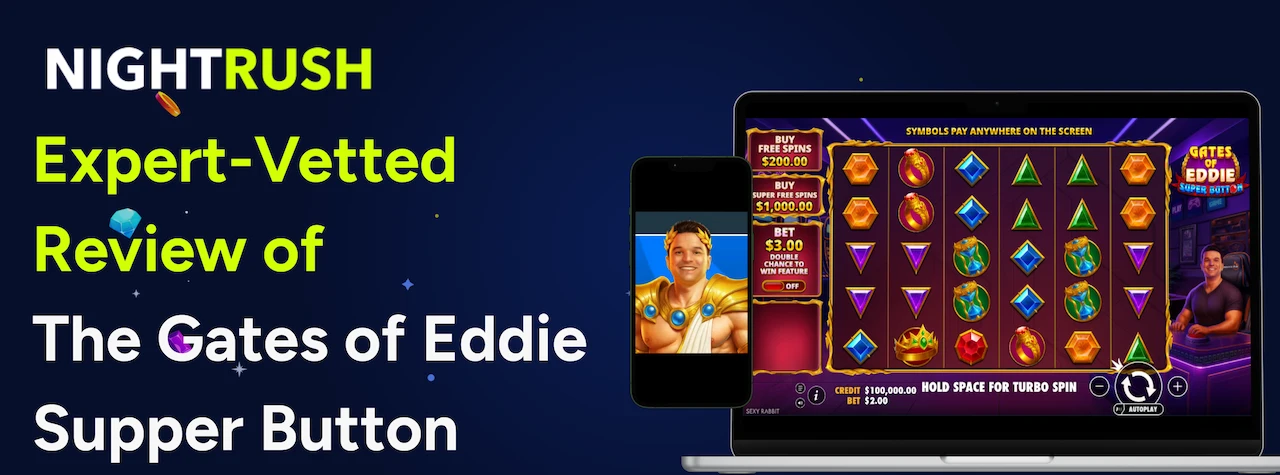 Expert-Betted Review of the Gates of Eddie Supper Button with the game images on a phone and laptop.