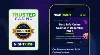 Smartphone displaying a Safe Online Casinos page next to a Trusted Casino badge.