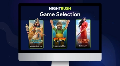 A monitor displaying Nightrush logo and three slot games under it.