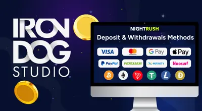 Laptop showing popular payment methods, Iron Dog Studio logo.