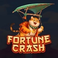A cheerful cartoon tiger glides on a hang glider above the Fortune Crash game logo.