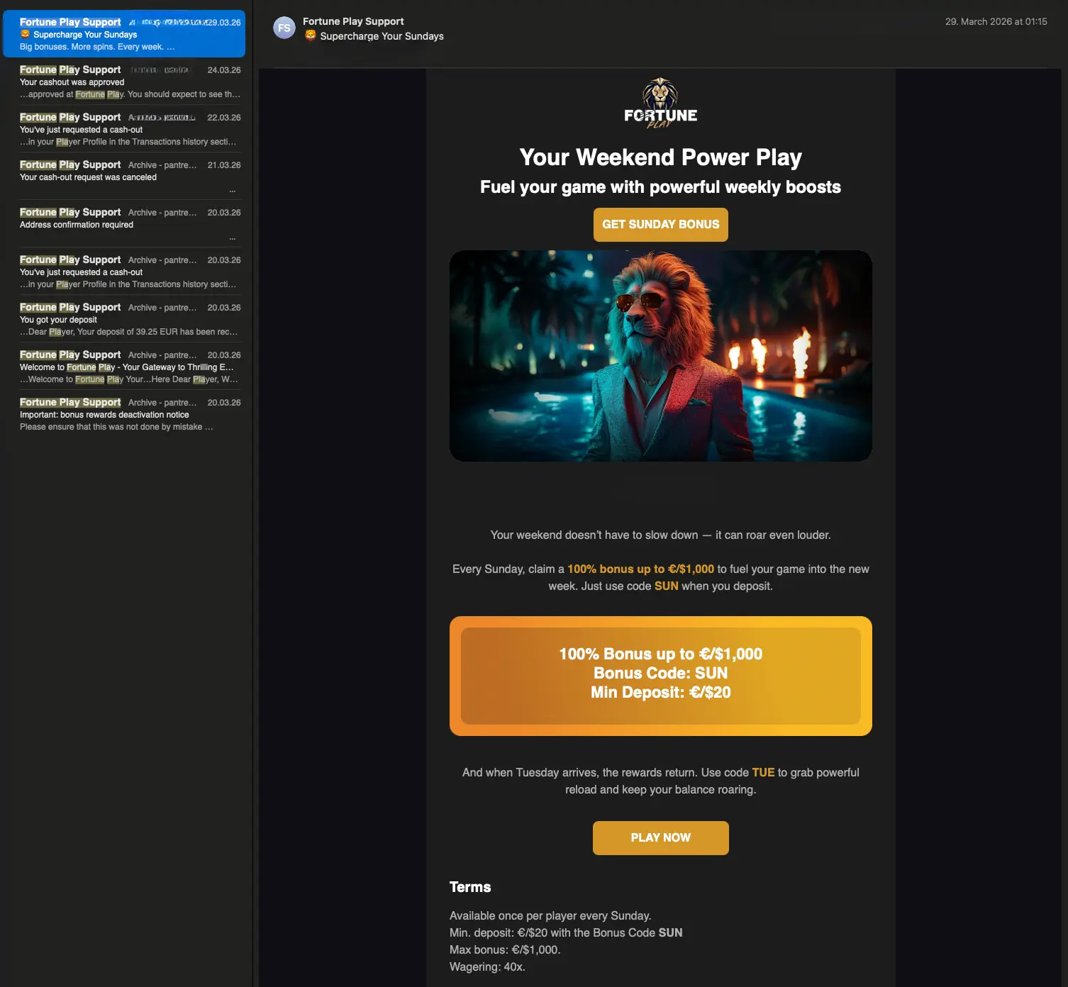 Fortune Play casino bonus e-mail screen
