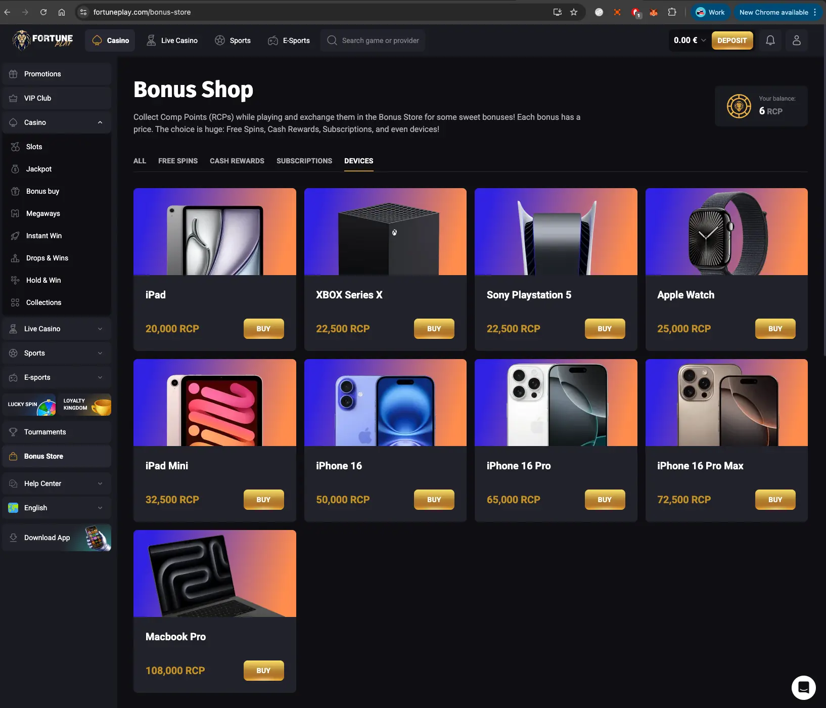 Fortune Play casino bonus shop screen