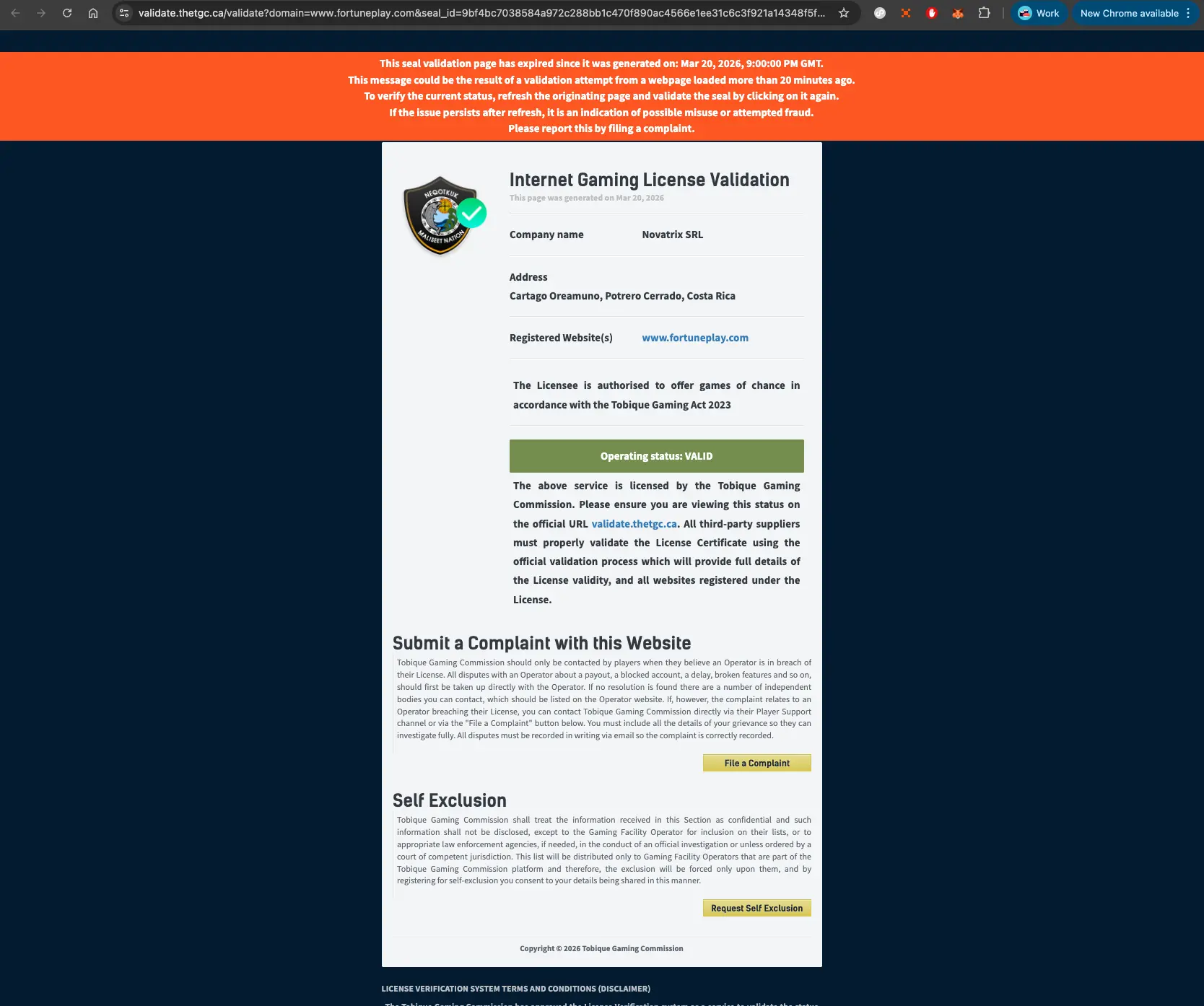 Fortune Play casino licence detail page