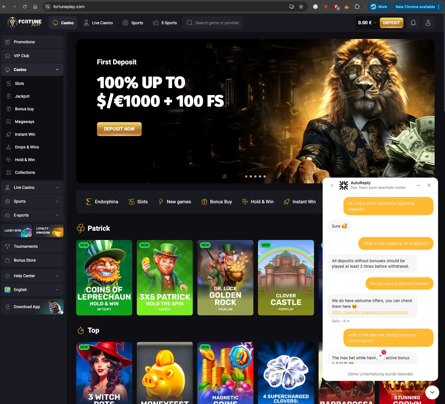 Fortune Play casino live chat about deposit