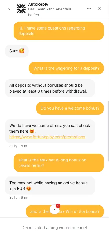 Fortune Play casino mobile live chat screen