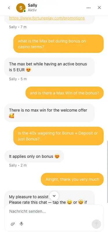 Fortune Play casino mobile live chat screen