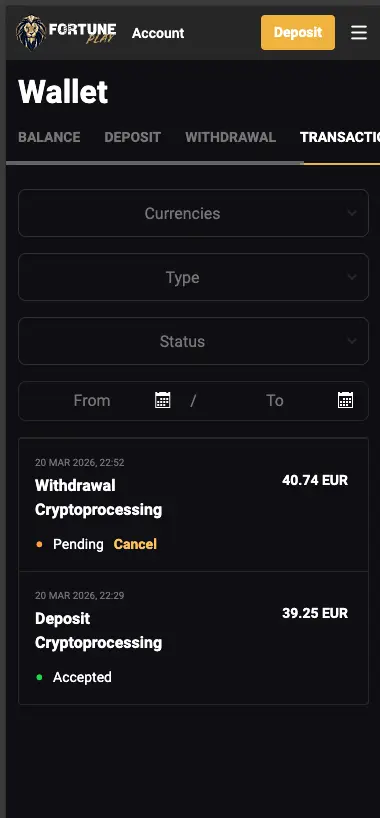 Fortune Play casino mobile transaction history screen