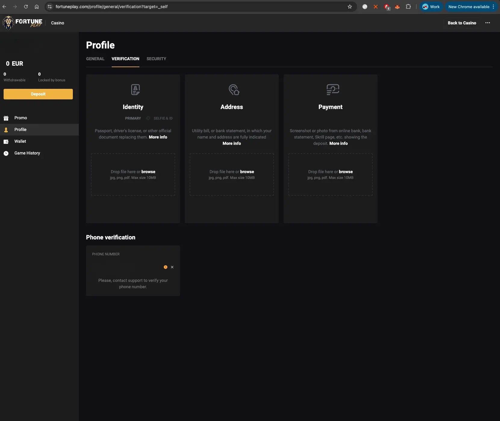 Fortune Play casino verification page