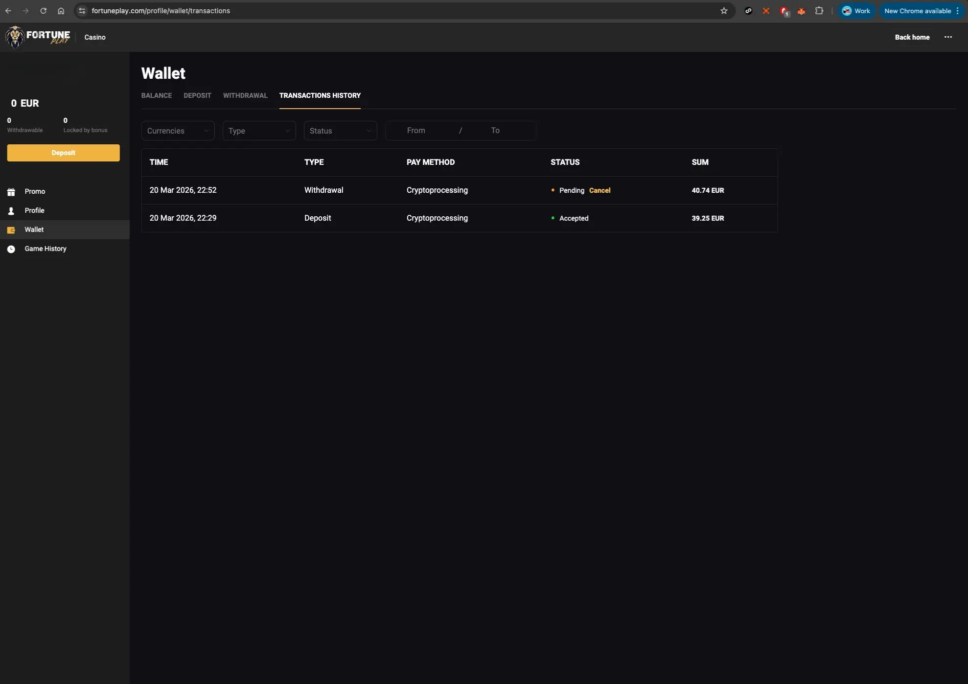 Fortune Play casino transaction history screen