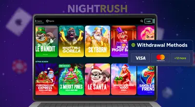 Laptop screen showing various casino games and a pop-up for withdrawal methods.