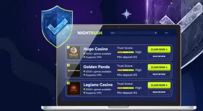 Laptop screen listing casino rankings with High Trust Scores, next to a security shield icon.