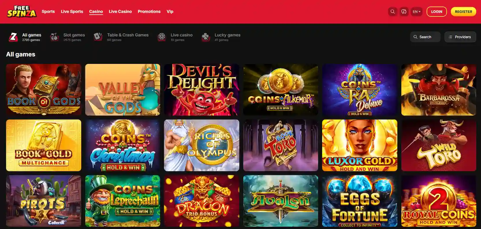 FreeSpinza Casino's all games with selected slots titles and a menu against a black background.