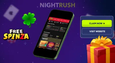 FreeSpinza on a phone, its logo, a claim button, a clover and a gift box against a starry setting.