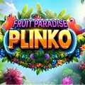 Two parrots flank the Fruit Paradise Plinko game logo in a lush, tropical jungle.