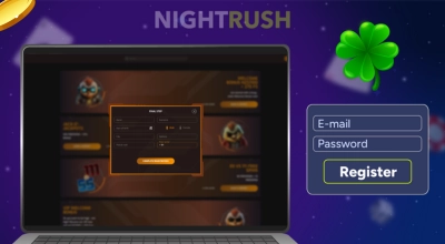 Register button, casino items, and a casino registration on a laptop against a starry background.