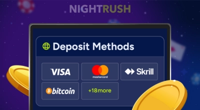 Deposit methods on a laptop with two gold coins against a starry background.