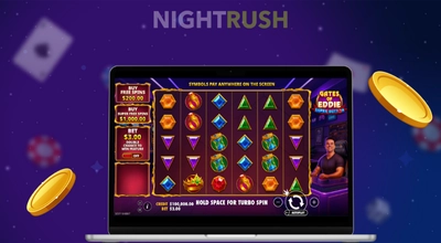 The Gates of Eddie Supper Button on a laptop with gold coins against a starry background.