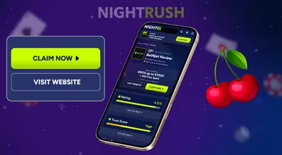 Mobile phone screen showing a review with CLAIM NOW button and cherries.