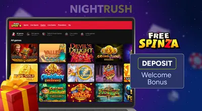 FreeSpinza games on a laptop, its logo, a deposit button, and a gift box against a starry setting.