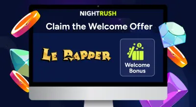 Welcome Bonus and the Le Rapper logo on a screen with casino items against a starry background.