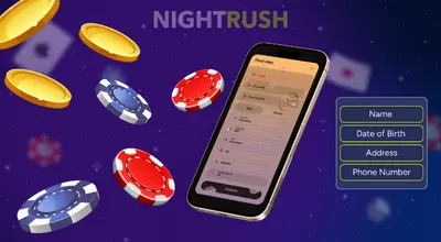 A smartphone screen showing a casino sign-up form's second step, with prompts for personal info, surrounded by chips and coins.