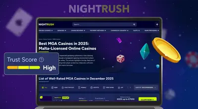 Nightrush MGA casino review on laptop; shows high Trust Score and mobile sign-up.