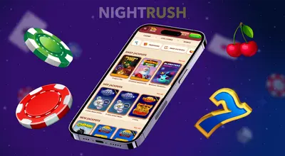 A smartphone displays a gallery of jackpot games surrounded by 3D casino chips, cherries, and a golden number seven.