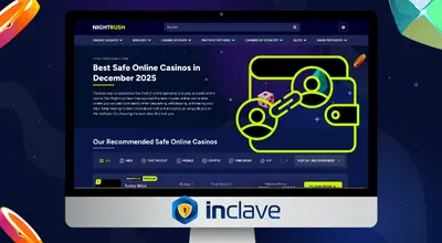 Safe casinos and the Inclave logo on a laptop with account linking against a starry setting.