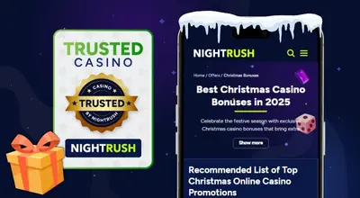A casino list and licence on a laptop with a gift box and snow against a navy background.