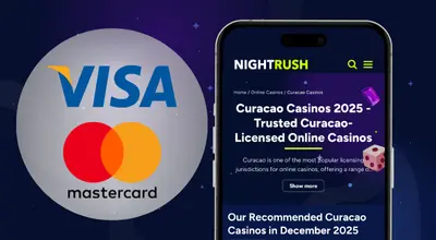 A laptop showing an online casino next to Visa and Mastercard logos on a starry background.