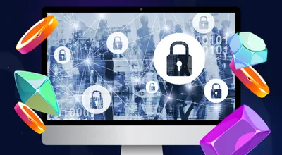 A screen showing digital security padlock icons surrounded by casino-style gems