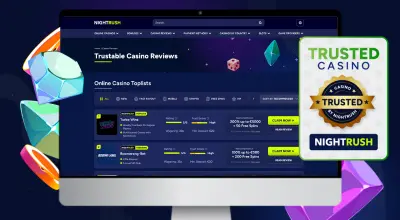 Laptop screen showing Trustable Casino Reviews next to a Trusted Casino badge.