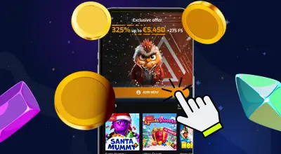 A smartphone screen shows a high-value exclusive casino offer being selected by a clicking hand icon.