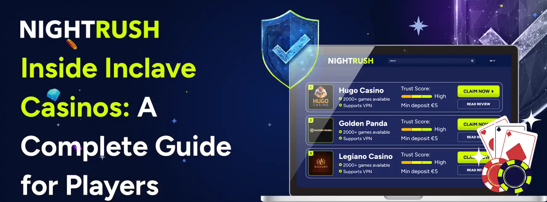 Casinos with security logos and cards, and Inside Inclave Casino: A Complete Guide for Players text.