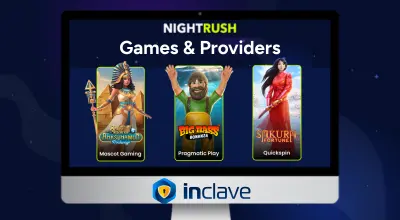 Slots and providers, and the Inclave logo on a screen with casino items against a starry setting.