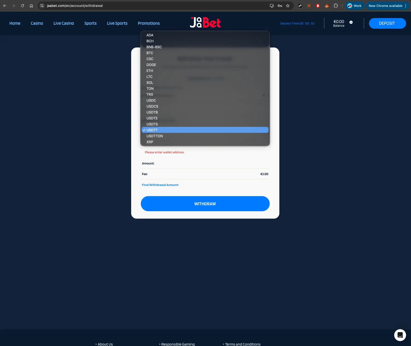 Jaabet Casino Crypto Deposit