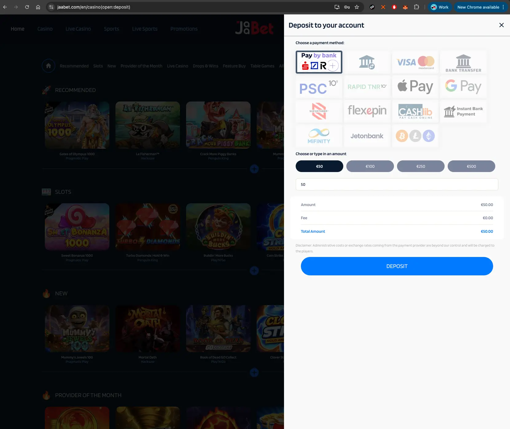 Jaabet Casino Deposit Methods