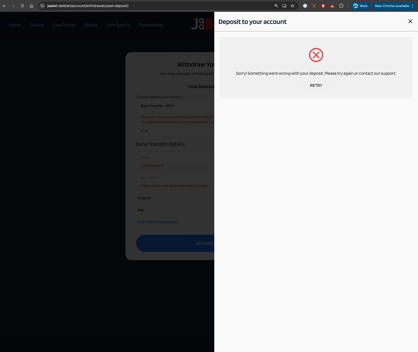Jaabet Casino Error Page