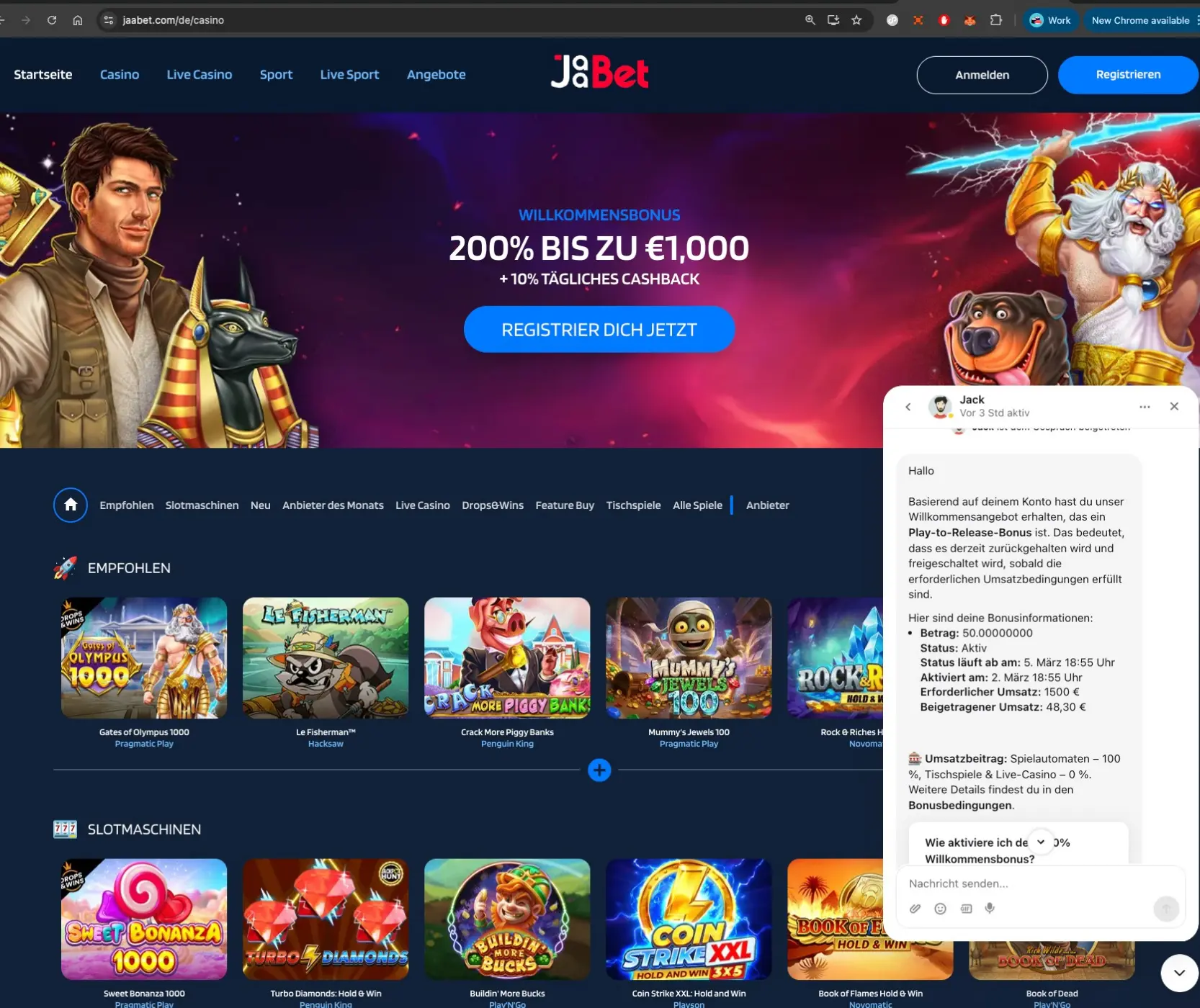 Jaabet Casino Bonus Chat