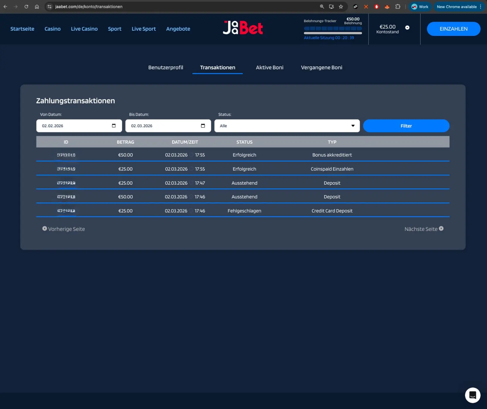 Jaabet Casino Payment History
