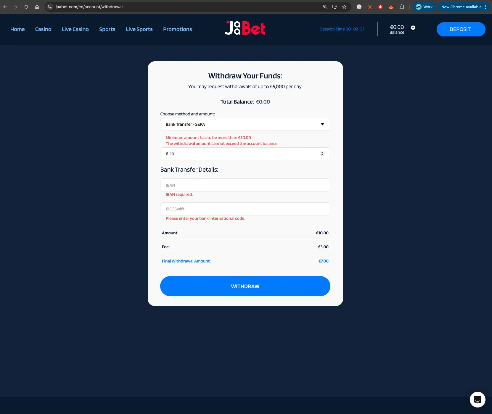 Jaabet Casino Wthdrawal Bank Transfer