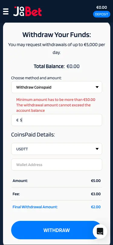 Jaabet Casino Mobile Crypto Withdrawal