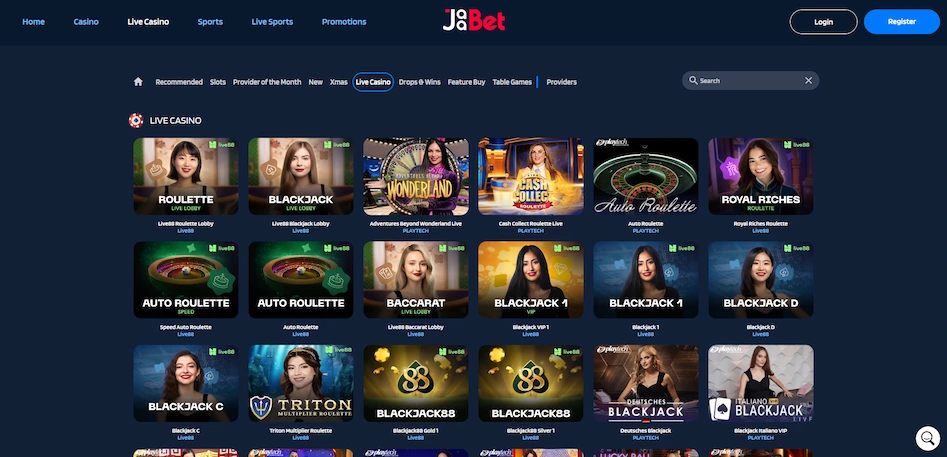 Jaabet Casino live casino games page.