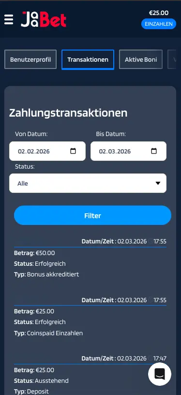 Jaabet Casino Mobile Payment History