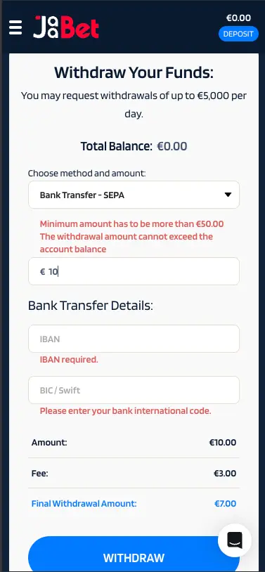 Jaabet Casino Mobile Withdrawal Bank Transfer